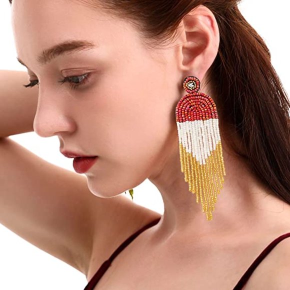 4.5" Modern Art Deco Oversized Post Earrings Red White Gold New Beaded - Picture 2 of 9